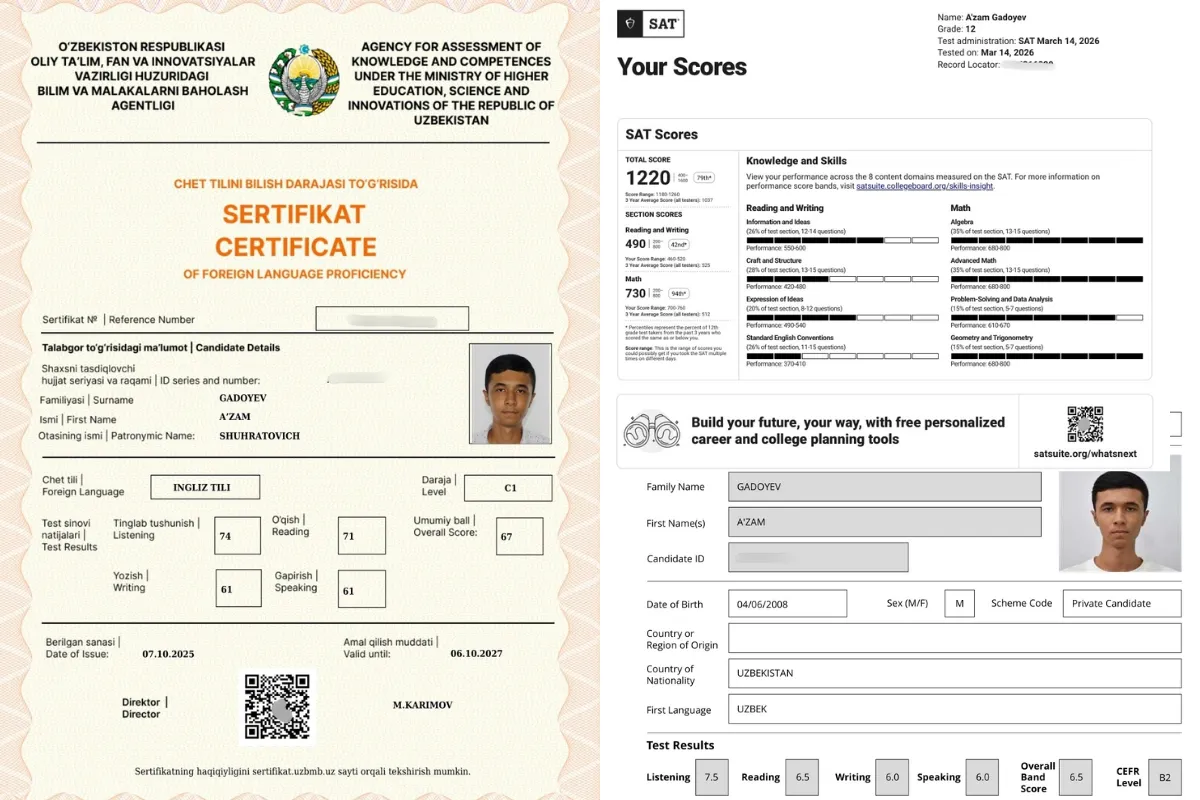 5-sinfdan boshlangan orzu: buxorolik bitiruvchi SAT, IELTS va CEFR sertifikatlarini qo‘lga kiritdi