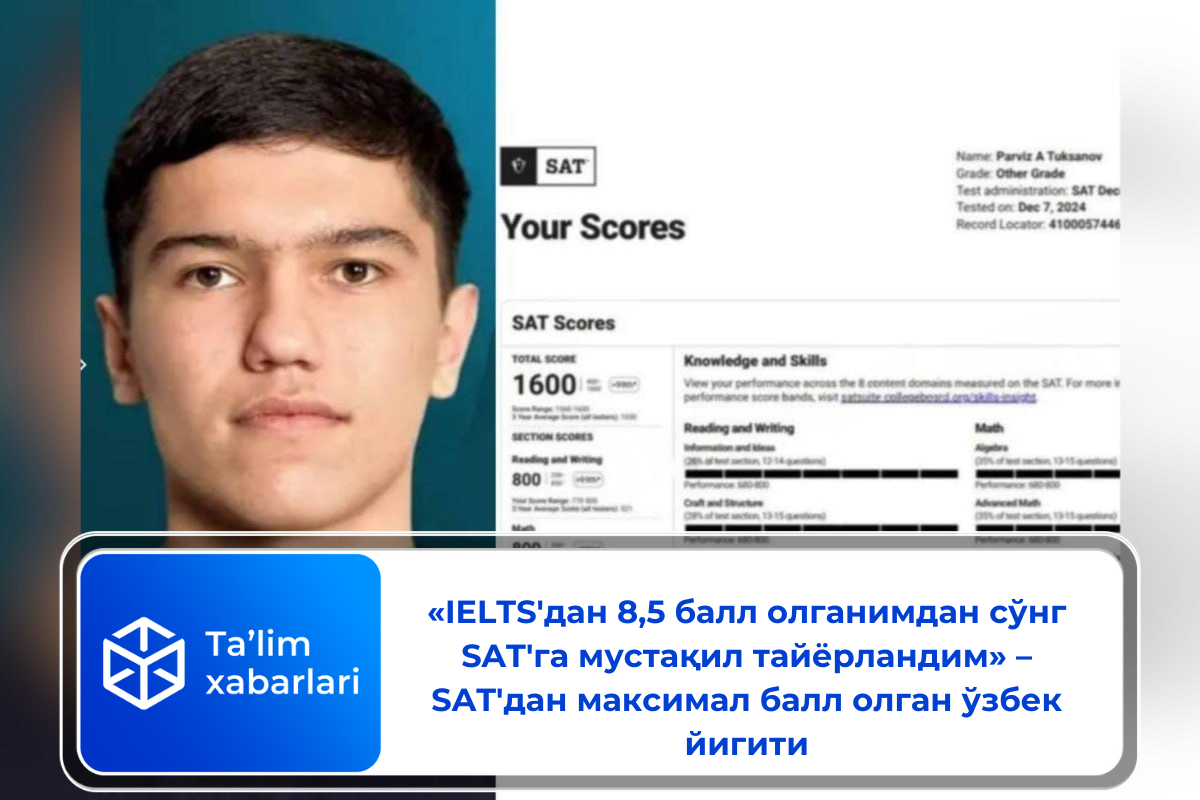 «IELTS’дан 8,5 балл олганимдан сўнг SAT’га мустақил тайёрландим» – SAT’дан максимал балл олган ўзбек йигити