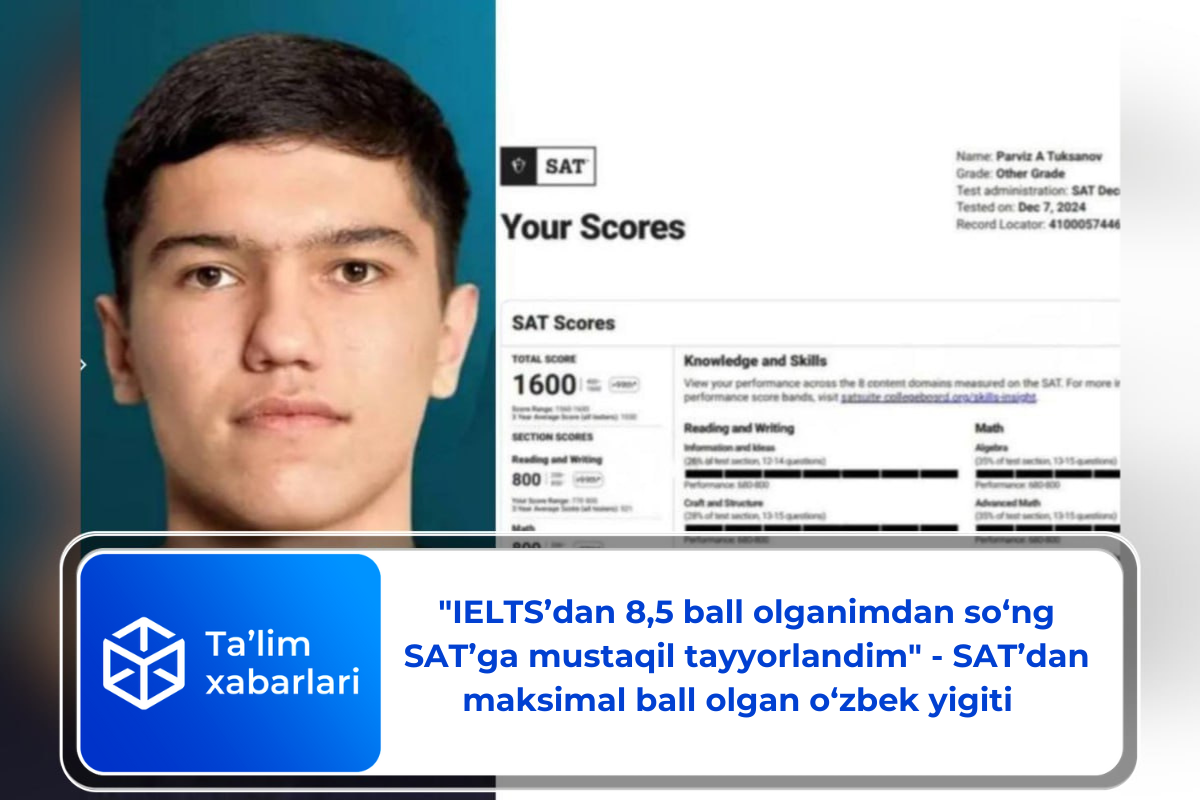 “IELTS’dan 8,5 ball olganimdan so‘ng SAT’ga mustaqil tayyorlandim” – SAT’dan maksimal ball olgan o’zbek yigiti