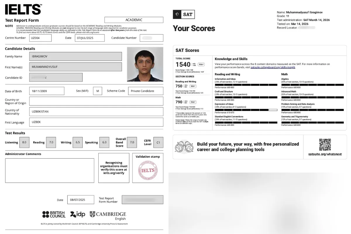 “Men uchun bu sertifikatlar oddiy qog‘oz emas” — 10-sinf o‘quvchisi IELTS 7.0 va SAT 1540 natijali sertifikatlarni qo‘lga kiritdi