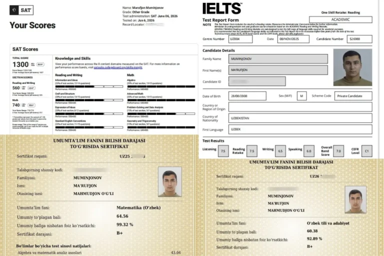 IELTS 7.0, SAT 1300 va ikki milliy sertifikat: TOP-100 universitetlar sari intilayotgan namanganlik bitiruvchi