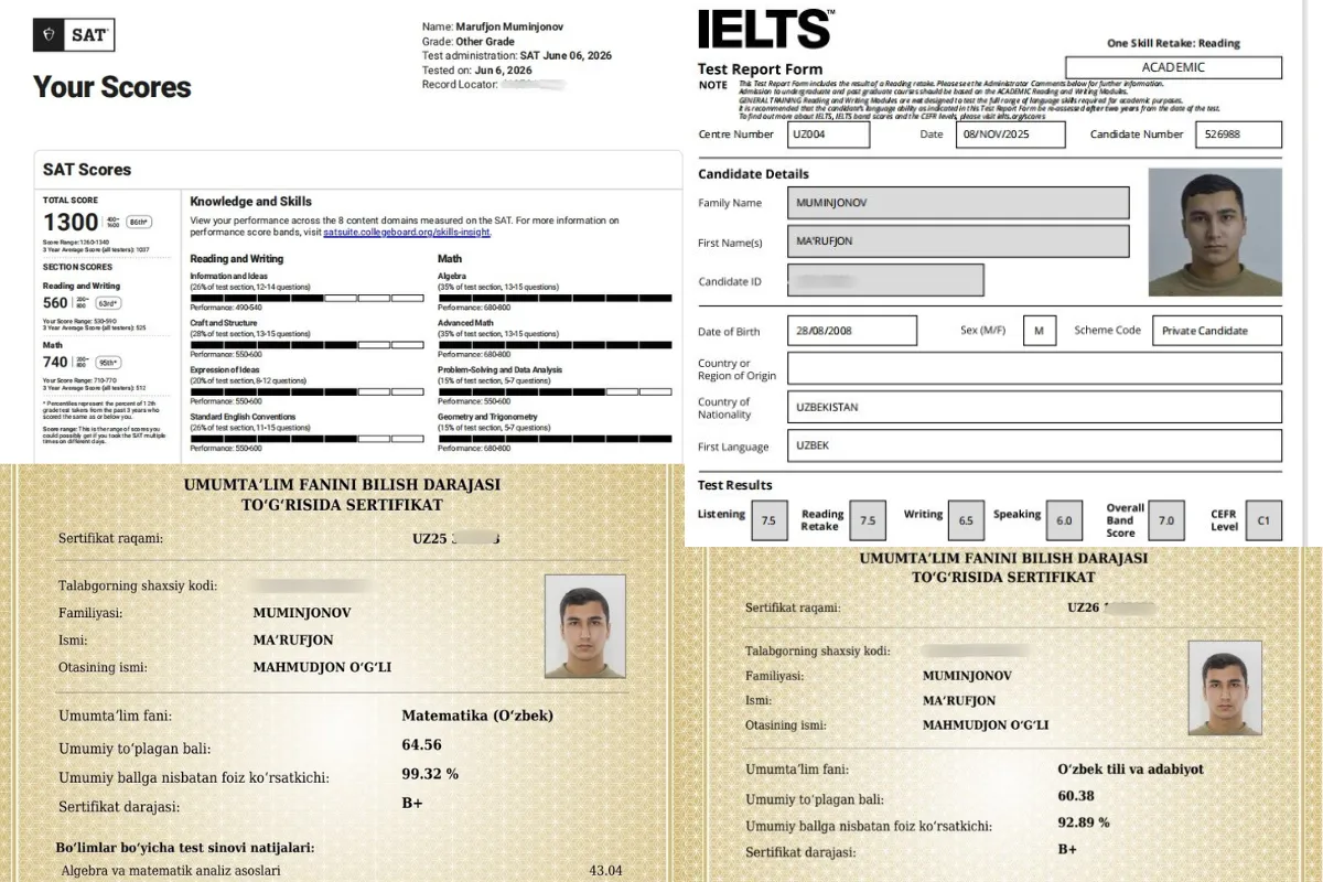 IELTS 7.0, SAT 1300 va ikki milliy sertifikat: TOP-100 universitetlar sari intilayotgan namanganlik bitiruvchi