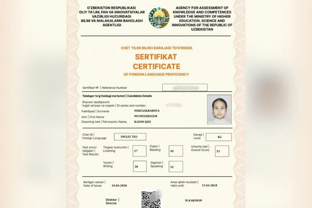 Namanganda 4-sinf oʻquvchisi CEFR B2 darajali sertifikatni qoʻlga kiritdi