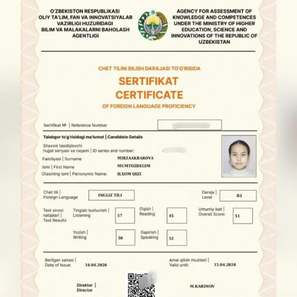 Namanganda 4-sinf oʻquvchisi CEFR B2 darajali sertifikatni qoʻlga kiritdi