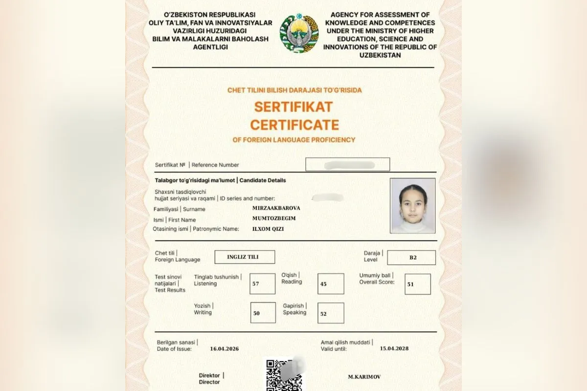 Namanganda 4-sinf oʻquvchisi CEFR B2 darajali sertifikatni qoʻlga kiritdi