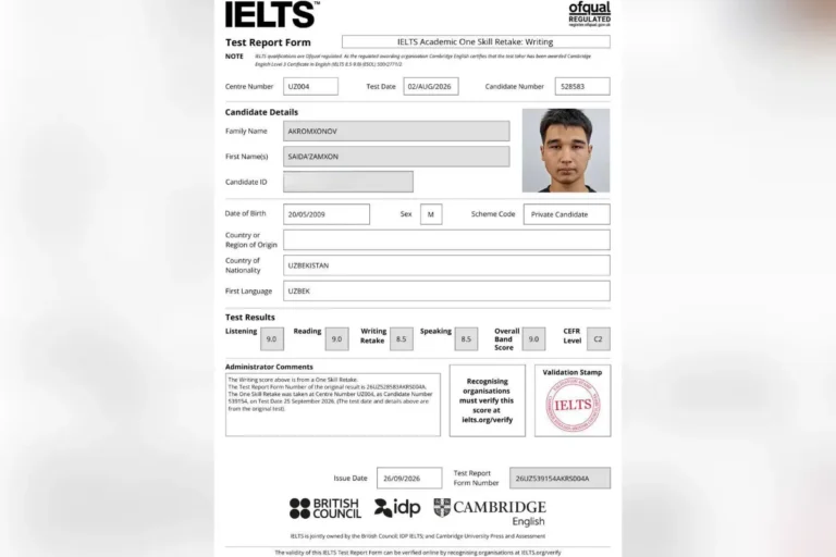 Olmaliqda 11-sinf oʻquvchisi IELTSʼdan 9 ballni qoʻlga kiritdi