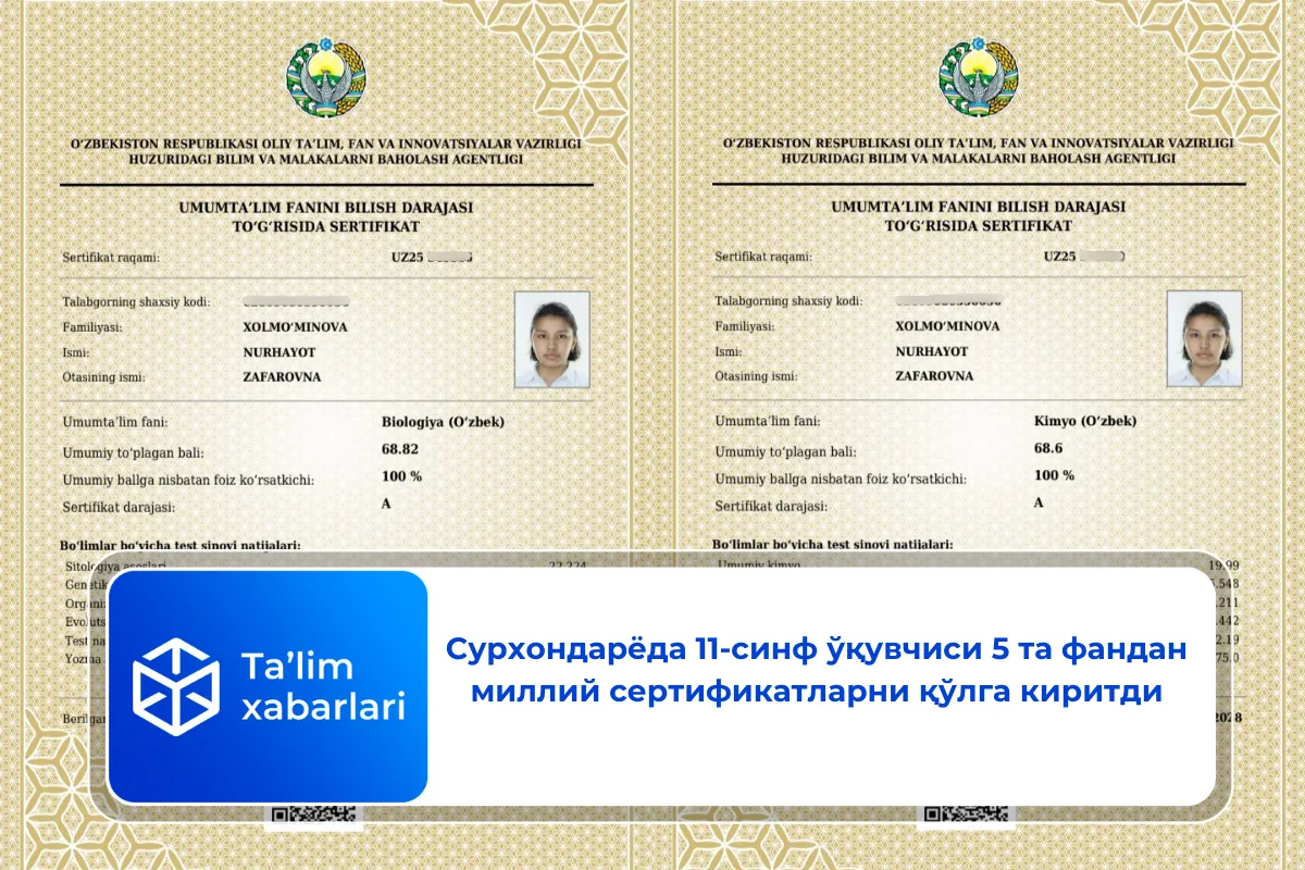 Сурхондарёда 11-синф ўқувчиси 5 та фандан миллий сертификатларни қўлга киритди