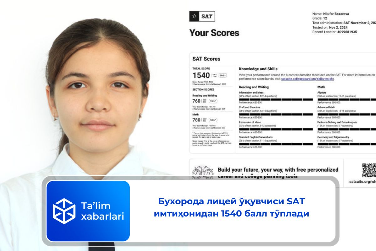 Бухорода лицей ўқувчиси SАТ имтиҳонидан 1540 балл тўплади