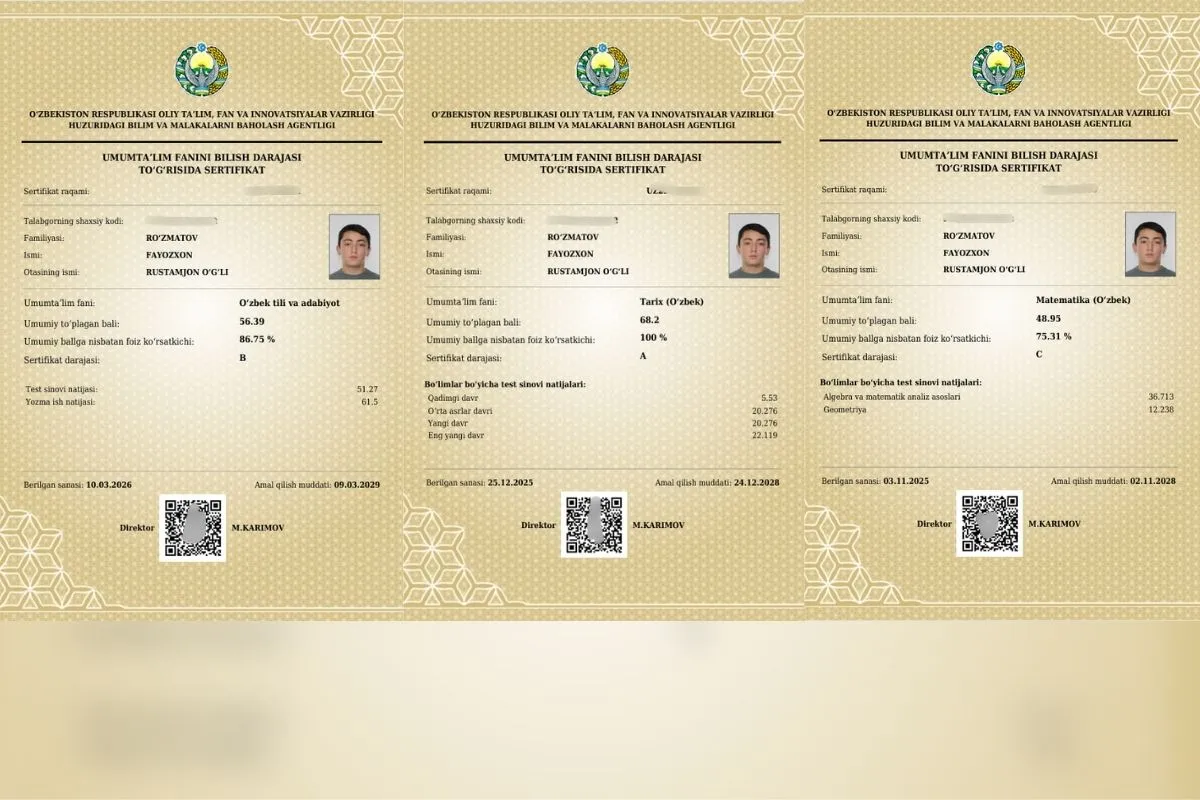 ʼʼSaʼdiyaxon academyʼʼ maktabining yana bir oʻquvchisi bir necha fandan milliy sertifikatlarni qoʻlga kiritdi