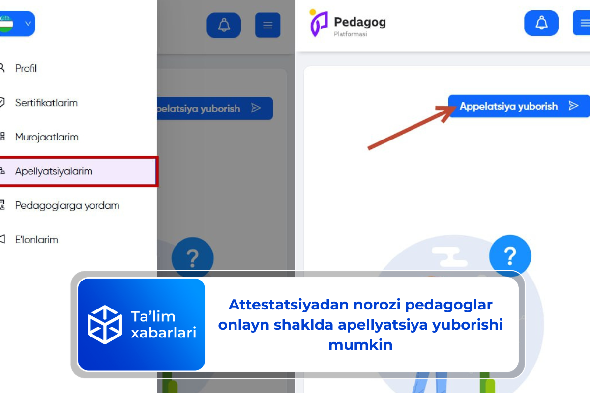 Attestatsiyadan norozi pedagoglar onlayn shaklda apellyatsiya yuborishi mumkin