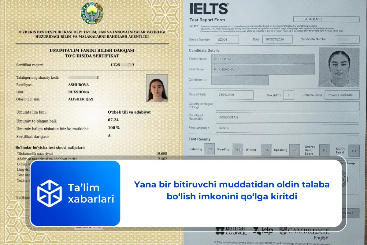 Yana bir bitiruvchi muddatidan oldin talaba bo‘lish imkonini qo‘lga kiritdi