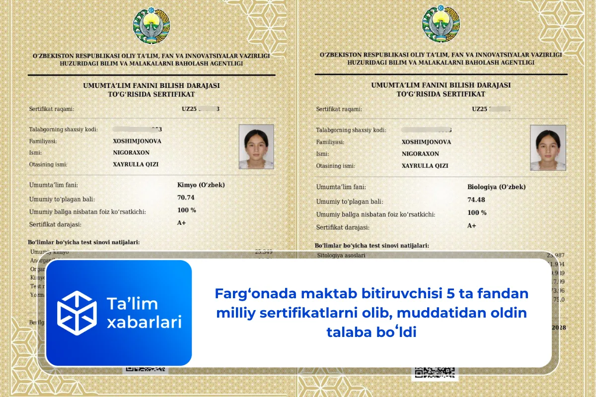 Farg‘onada maktab bitiruvchisi 5 ta fandan milliy sertifikatlarni olib, muddatidan oldin talaba boʻldi