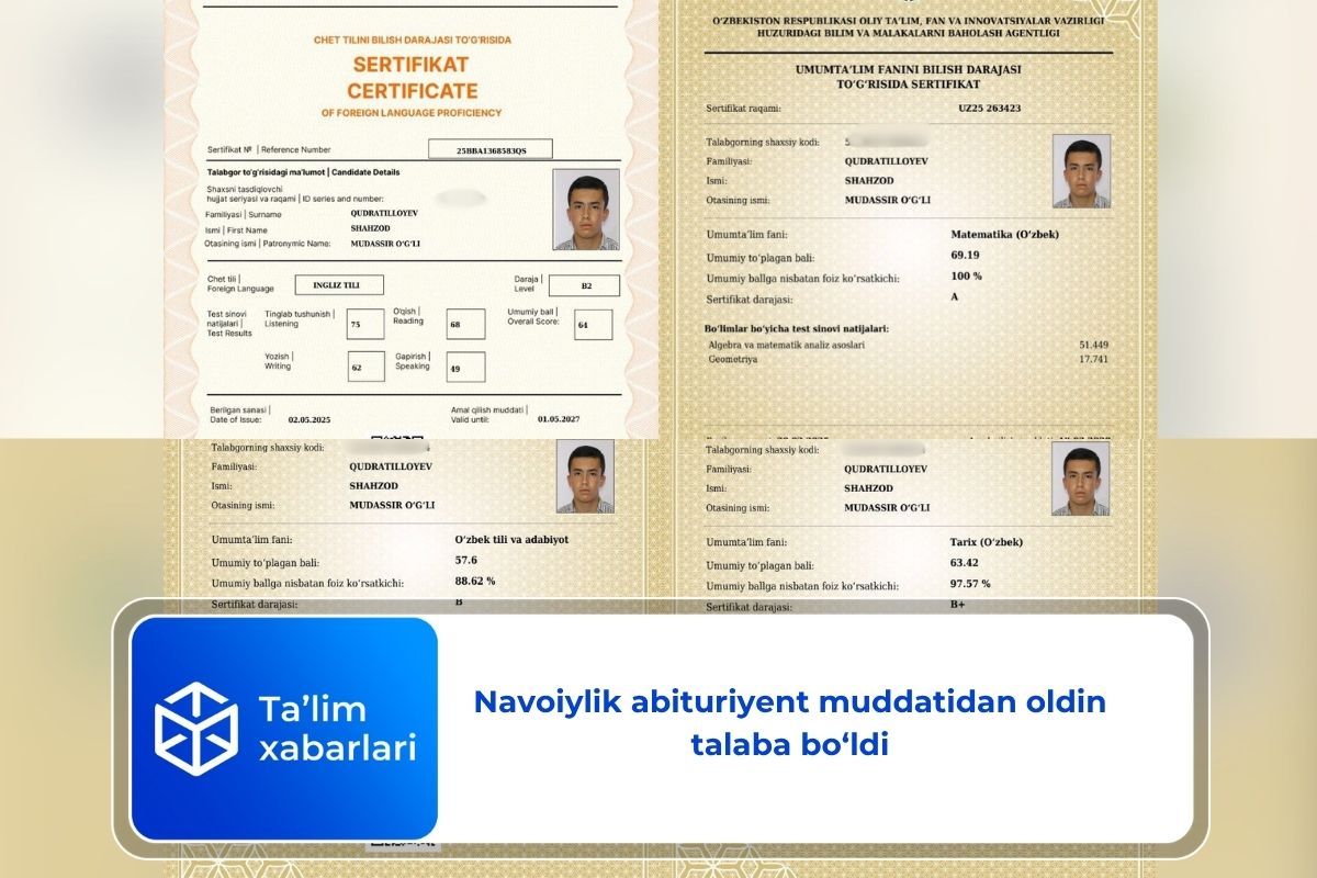 Navoiylik abituriyent muddatidan oldin talaba bo‘ldi