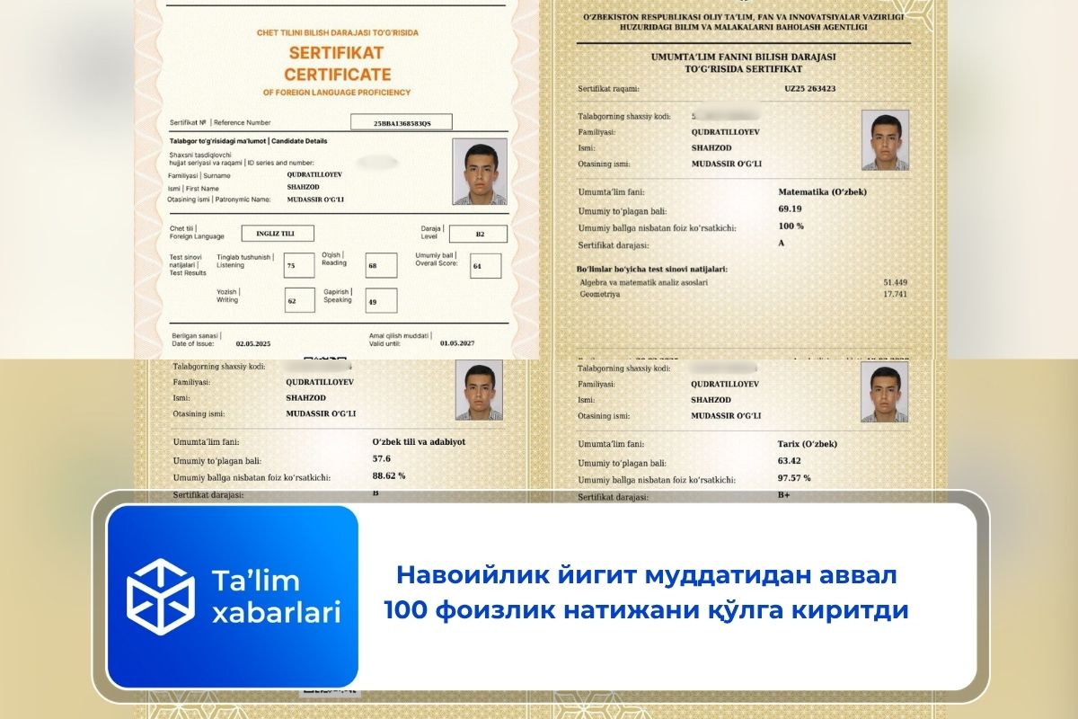 Навоийлик йигит муддатидан аввал 100 фоизлик натижани қўлга киритди