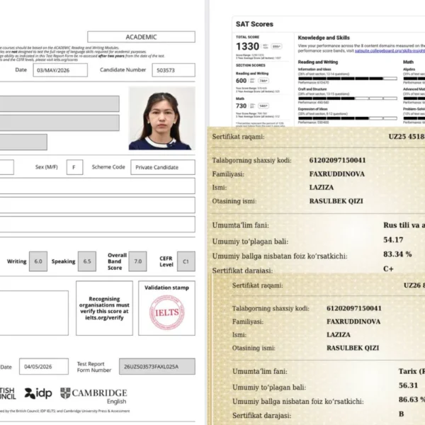 IELTS 7 va SAT 1330: xorazmlik 11-sinf oʻquvchi qiz maksimal ball bilan muddatidan oldin talaba boʻldi