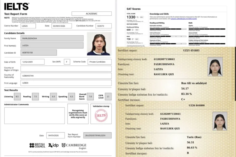 IELTS 7 va SAT 1330: xorazmlik 11-sinf oʻquvchi qiz maksimal ball bilan muddatidan oldin talaba boʻldi