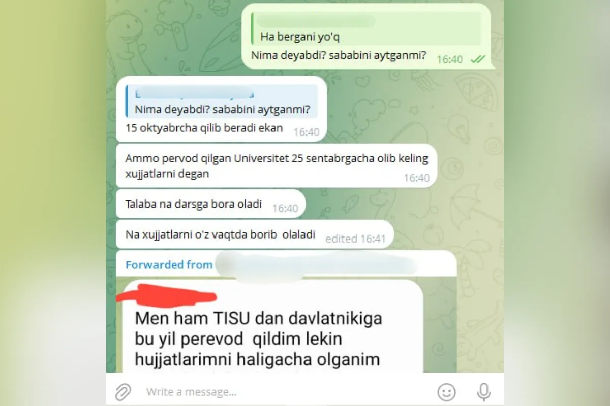 Termizdagi xususiy universitet o‘qishini boshqa OTMga ko‘chirgan talabalarga hujjatlarini bermayapti