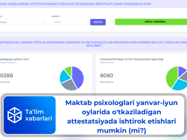 Maktab psixologlari yanvar-iyun oylarida o’tkaziladigan attestatsiyada ishtirok etishlari mumkin (mi?)