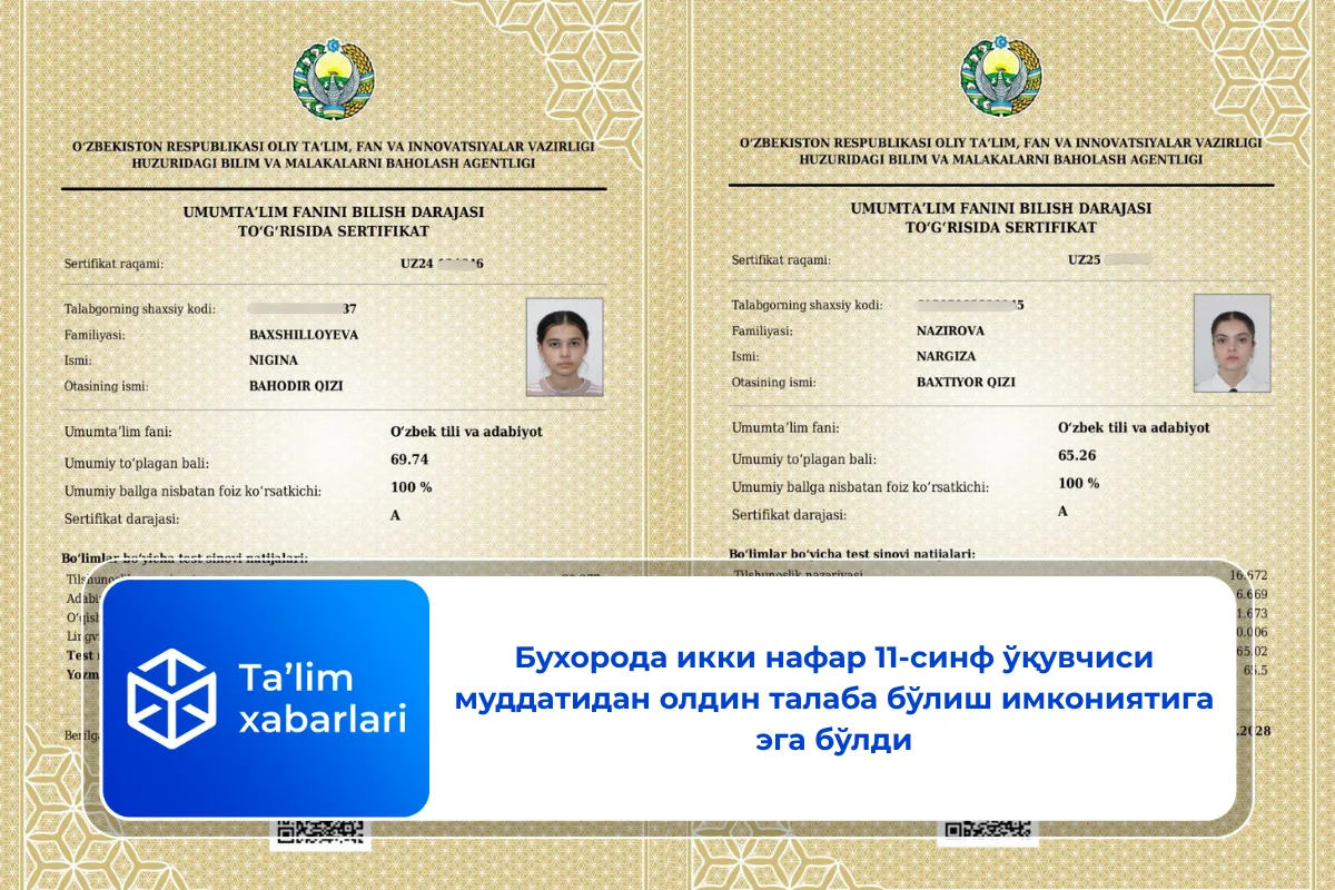 Бухорода икки нафар 11-синф ўқувчиси муддатидан олдин талаба бўлиш имкониятига эга бўлди
