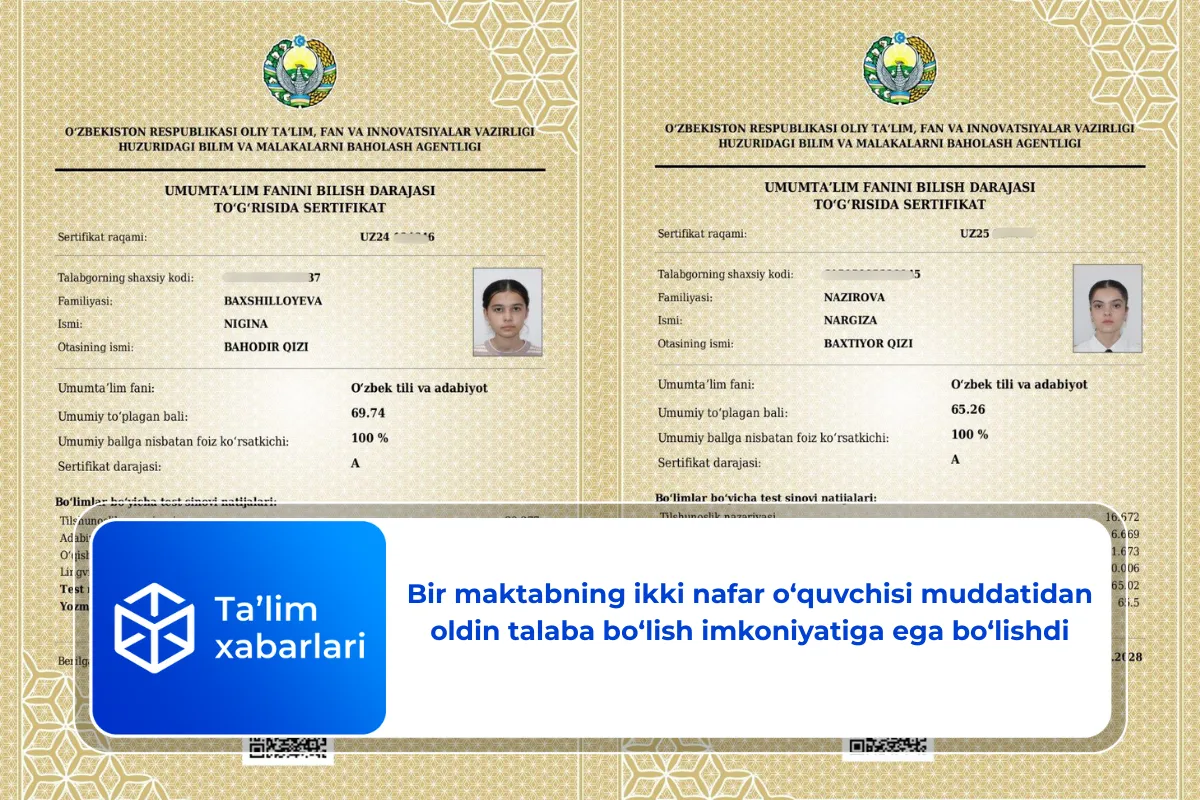 Bir maktabning ikki nafar o‘quvchisi muddatidan oldin talaba bo‘lish imkoniyatiga ega bo‘lishdi