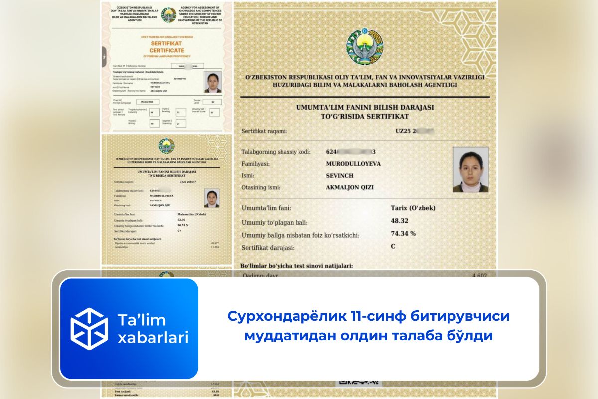Сурхондарёлик 11-синф битирувчиси муддатидан олдин талаба бўлди