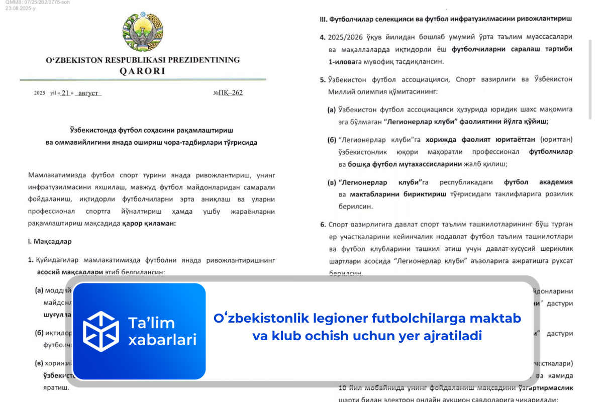 Oʻzbekistonlik legioner futbolchilarga maktab va klub ochish uchun yer ajratiladi