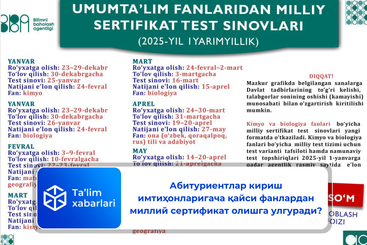 Абитуриентлар кириш имтиҳонларигача қайси фанлардан миллий сертификат олишга улгуради?