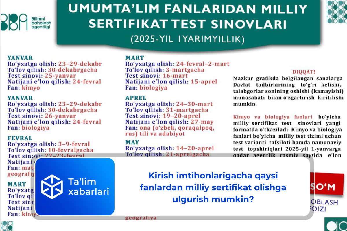 Kirish imtihonlarigacha qaysi fanlardan milliy sertifikat olishga ulgurish mumkin?