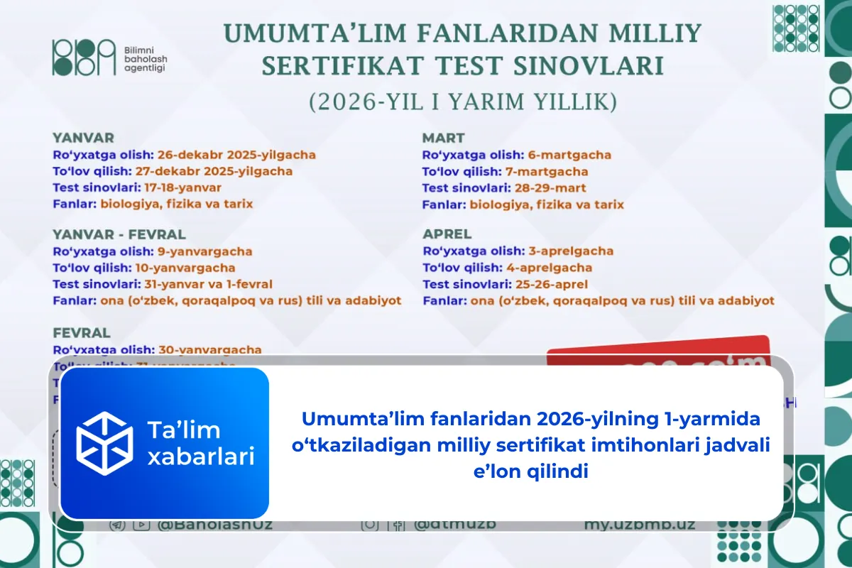 Umumta’lim fanlaridan 2026-yilning 1-yarmida o‘tkaziladigan milliy sertifikat imtihonlari jadvali e’lon qilindi