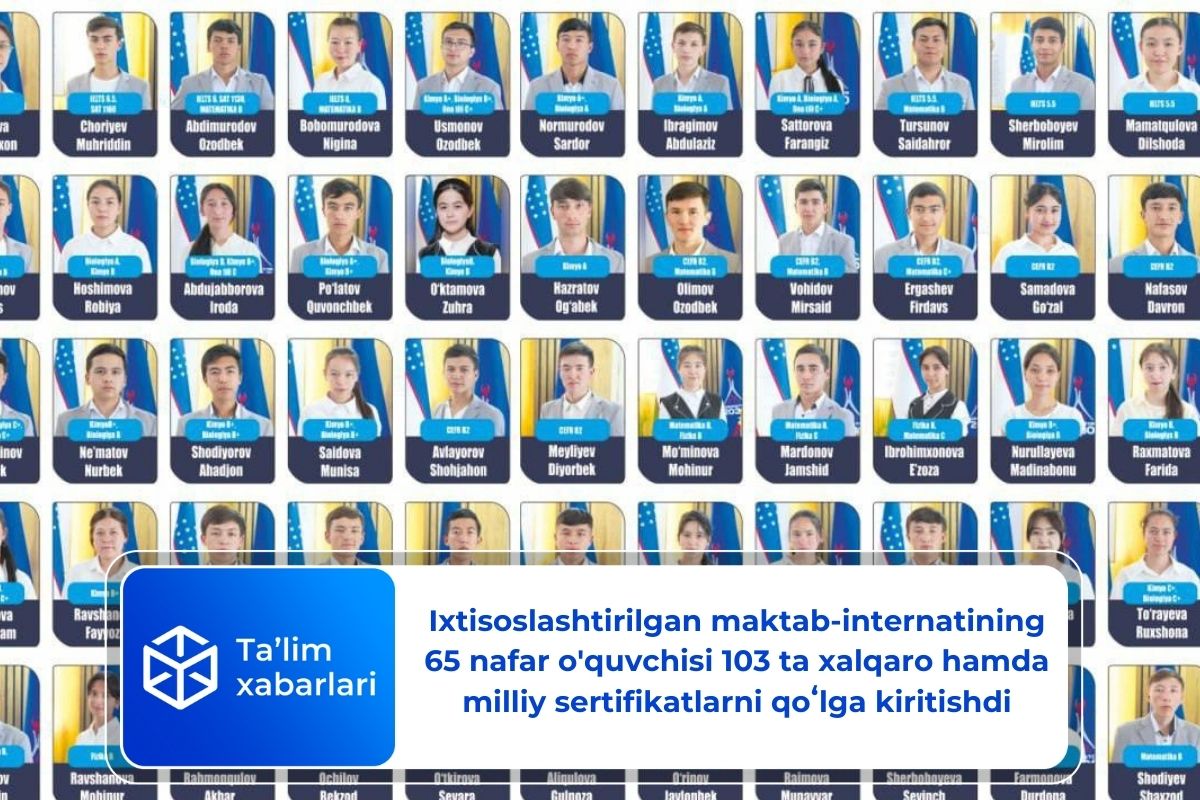 Ixtisoslashtirilgan maktab-internatining 65 nafar o’quvchisi 103 ta xalqaro hamda milliy sertifikatlarni qoʻlga kiritishdi