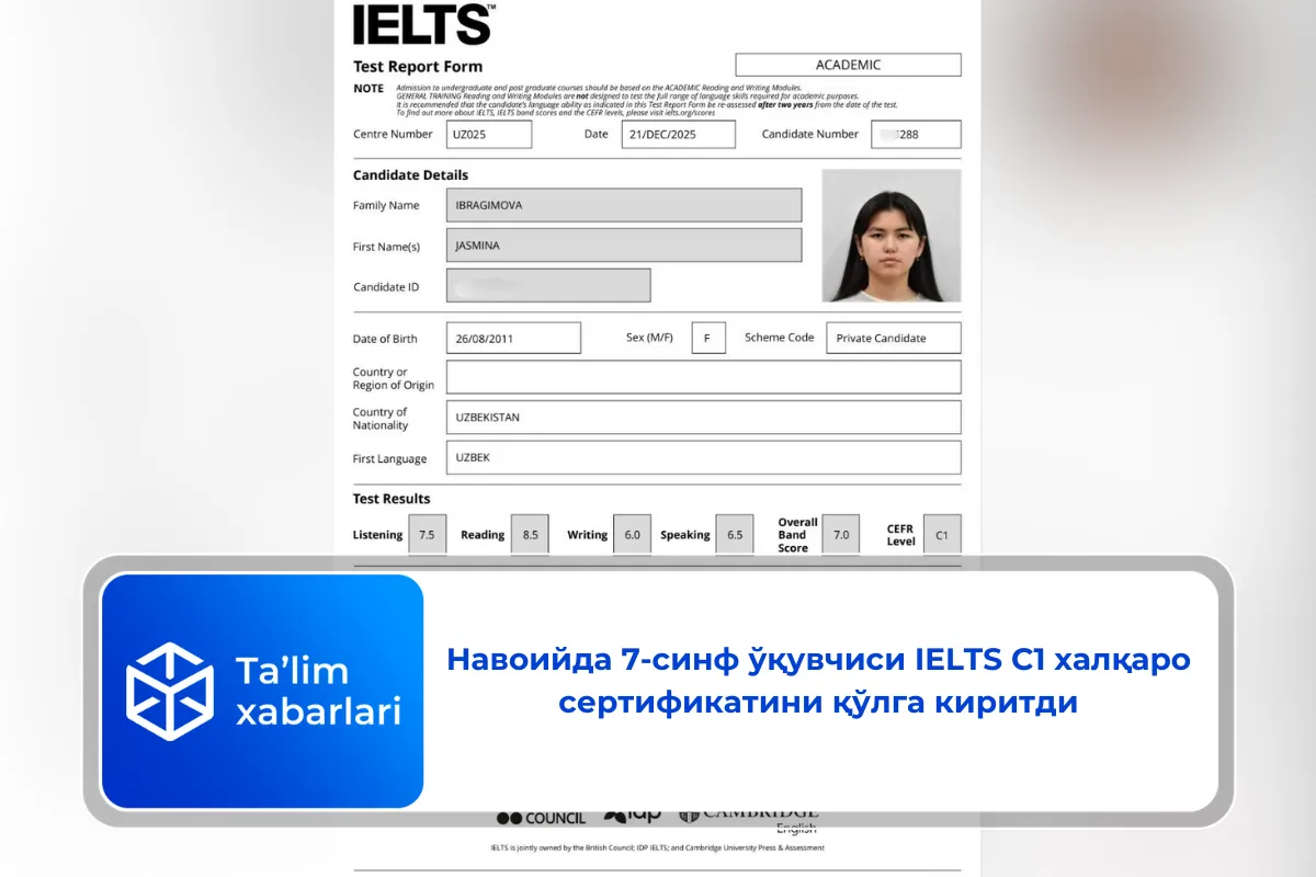 Навоийда 7-синф ўқувчиси IELTS C1 халқаро сертификатини қўлга киритди