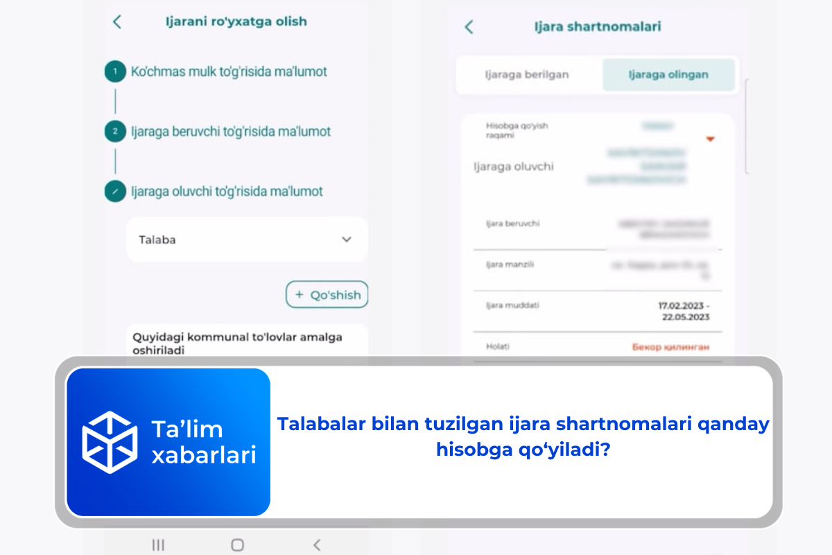 Talabalar bilan tuzilgan ijara shartnomalari qanday hisobga qo‘yiladi?