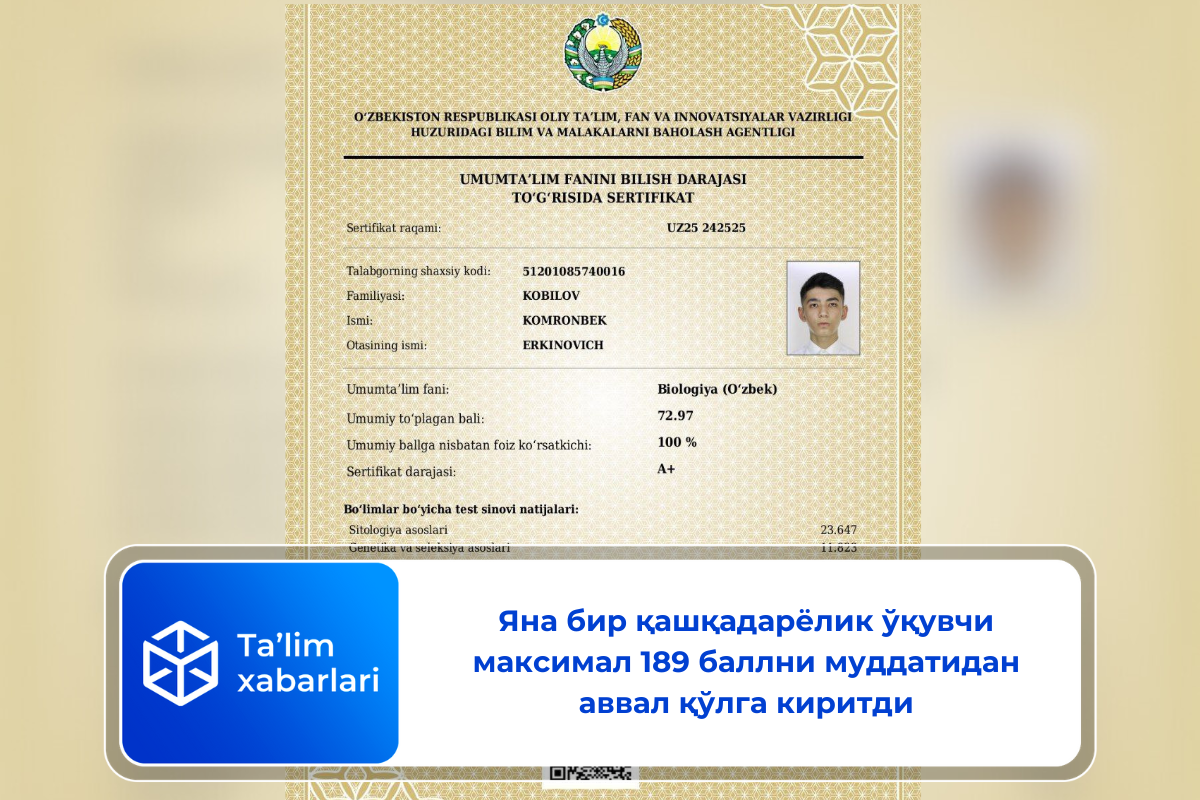 Яна бир қашқадарёлик ўқувчи максимал 189 баллни муддатидан аввал қўлга киритди