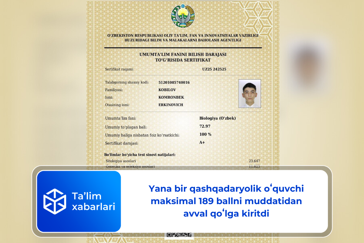 Yana bir qashqadaryolik oʻquvchi maksimal 189 ballni muddatidan avval qoʻlga kiritdi