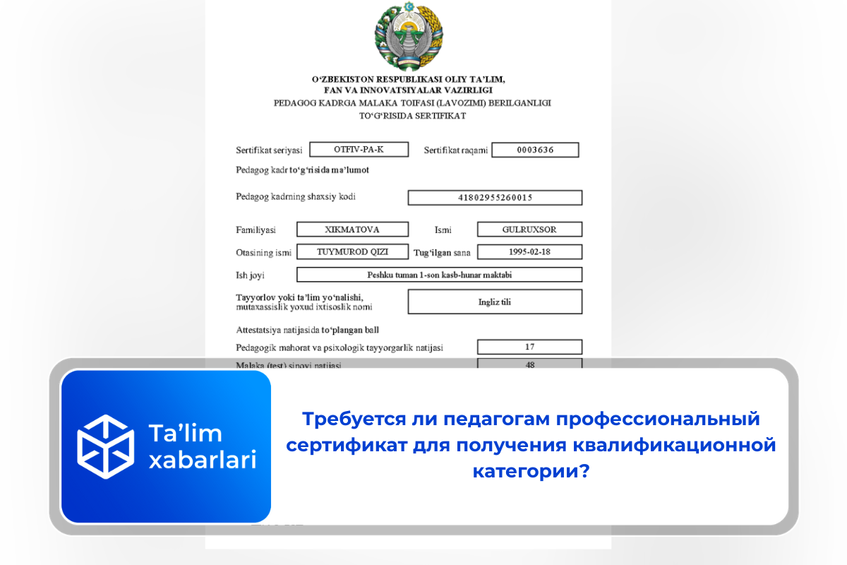 Требуется ли педагогам профессиональный сертификат для получения квалификационной категории?