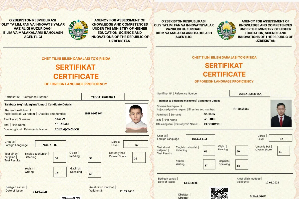 Buxoroda bir maktabning 2- va 4-sinf o‘quvchilari B2 darajadagi sertifikatni qo‘lga kiritdi