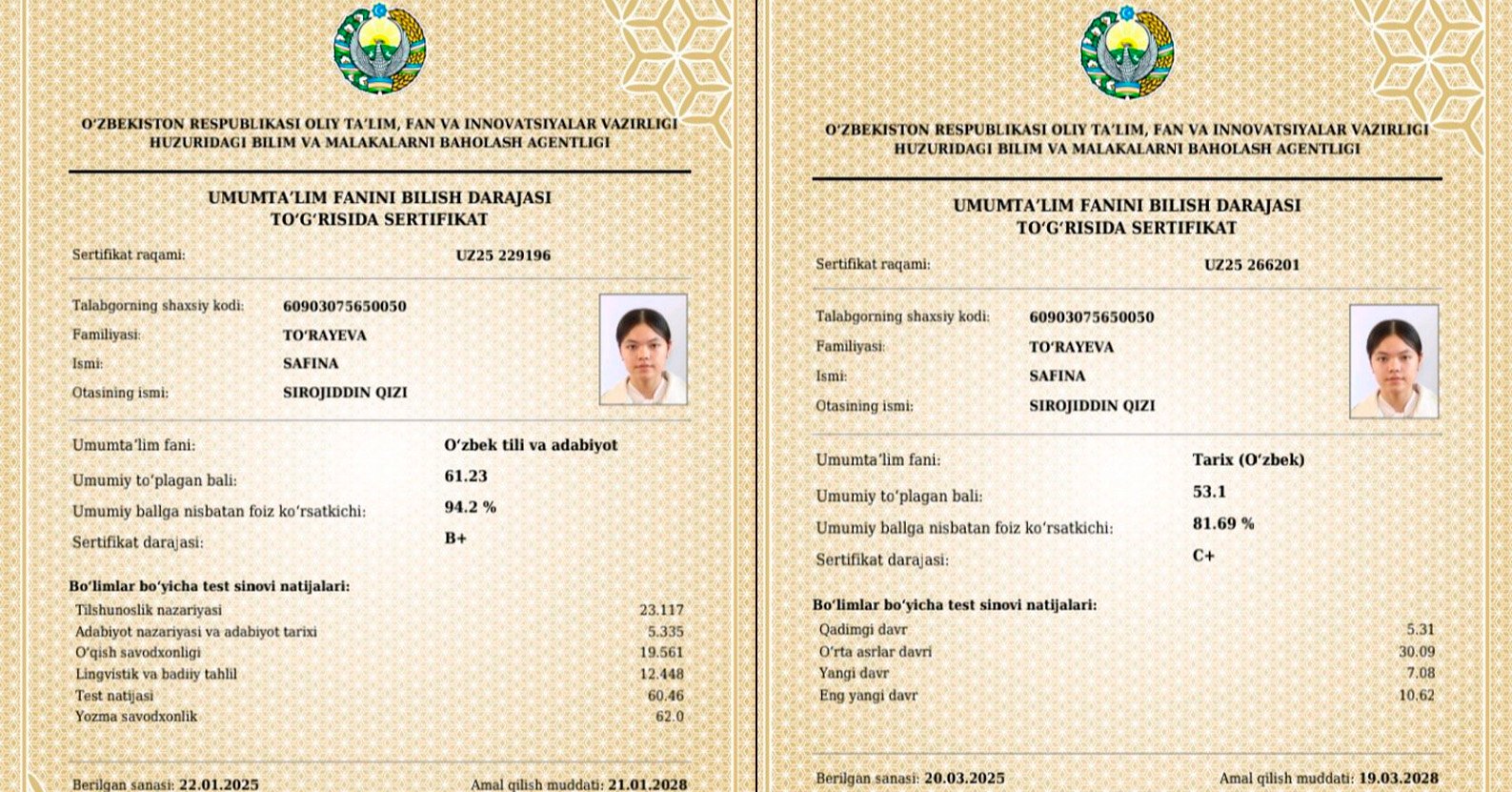 Qashqadaryolik oʻquvchi qiz muddatidan avval maksimal 189 ball toʻpladi